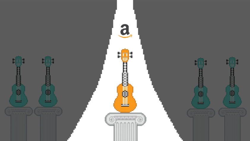 Illustration of an Amazon logo and a ray of light shining on a ukulele placed on a column. In the background there are several ukuleles on lower columns.
